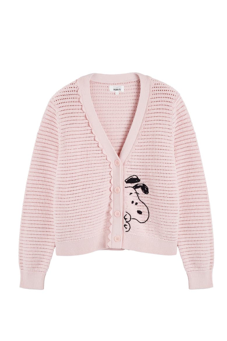 Cotton Snoopy Crochet Peekabo Cardigan, Alternate, color, Light Pink
