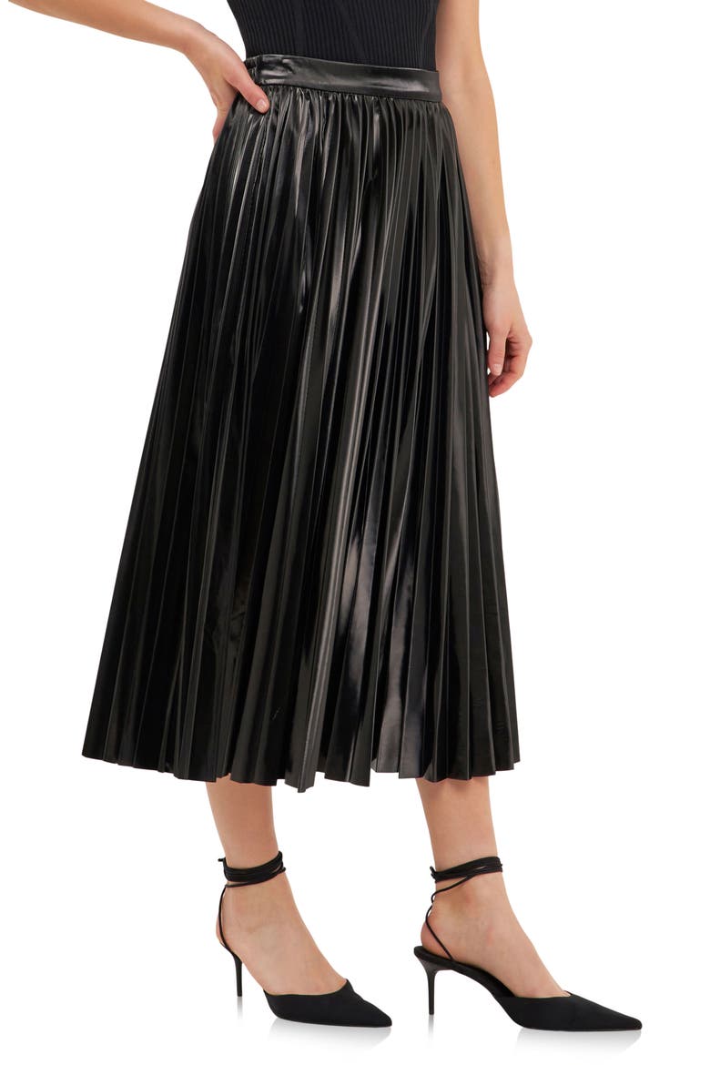 Pleated Faux Leather Midi Skirt, Alternate, color, BLACK