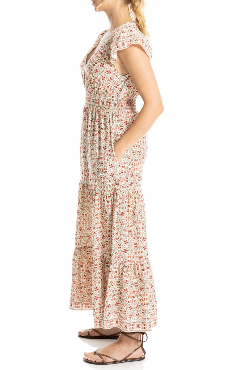 MAX STUDIO Flutter Sleeve Maxi Dress, Alternate, color, Ecru/ Raspberry