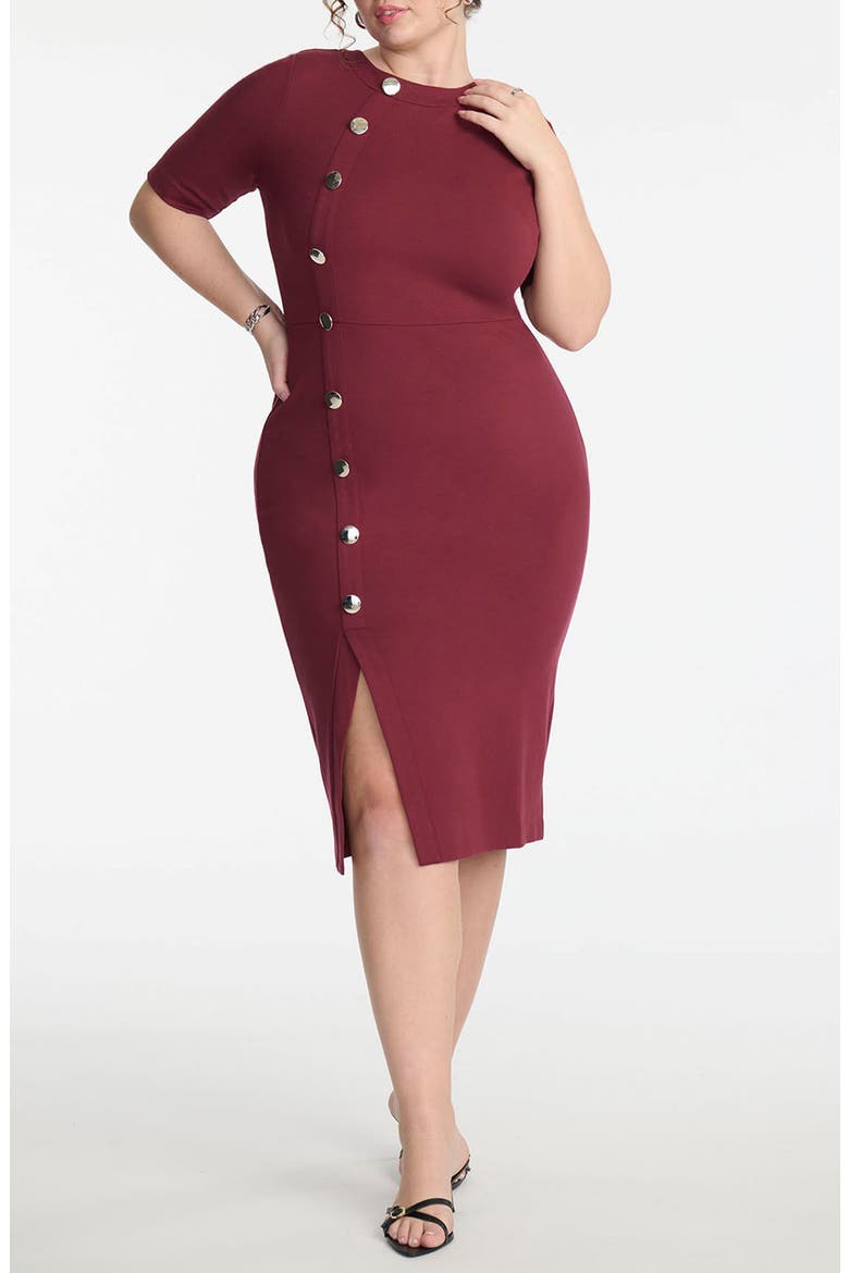 Workwear Side Button Sheath Midi Dress, Main, color, TAWNY PORT