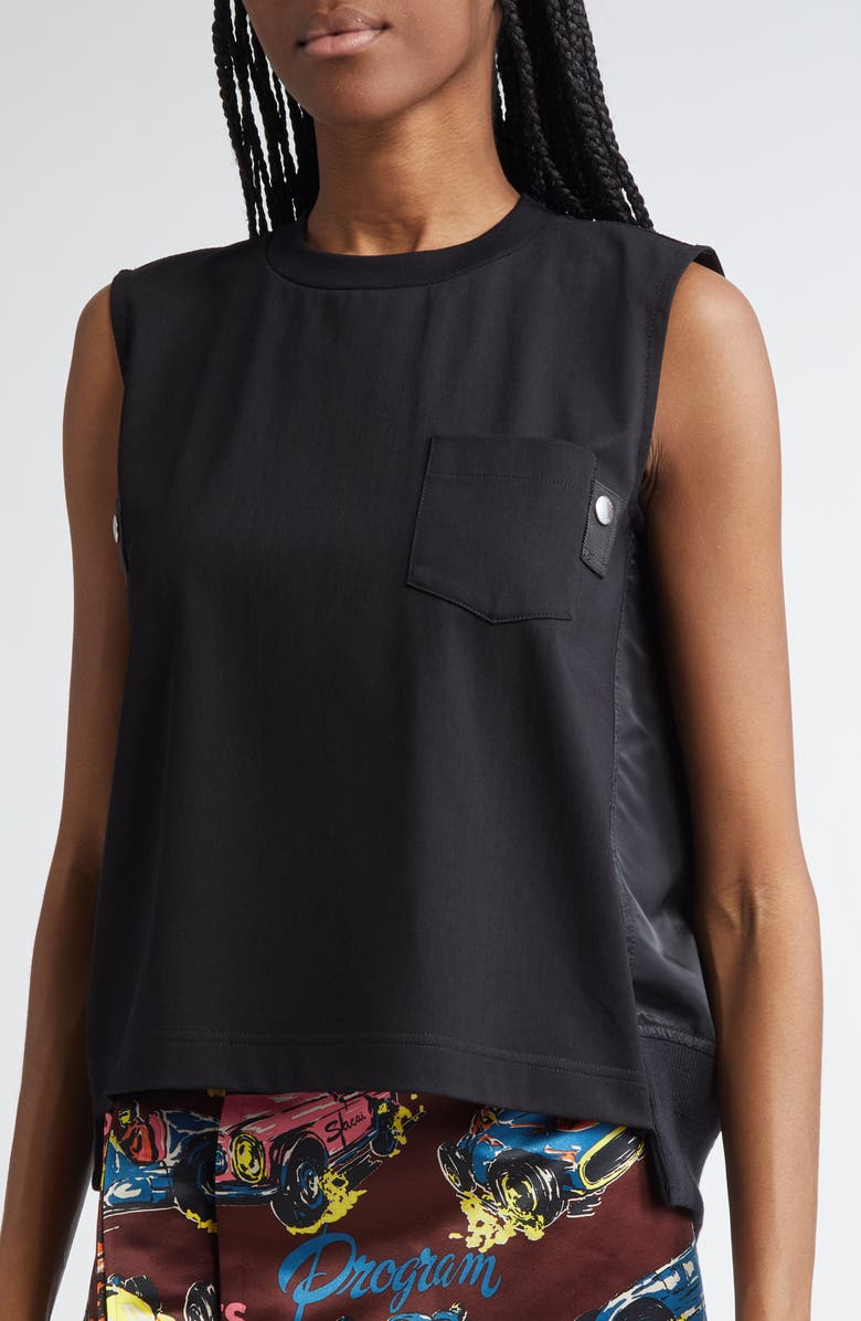 Sacai Nylon Twill & Cotton Jersey Sleeveless Top, Alternate, color,