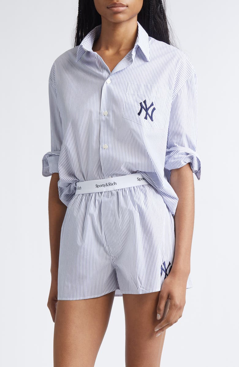 Sporty & Rich Gender Inclusive New York Yankees Serif Stripe Poplin Button-Up Shirt, Main, color, Navy Striped