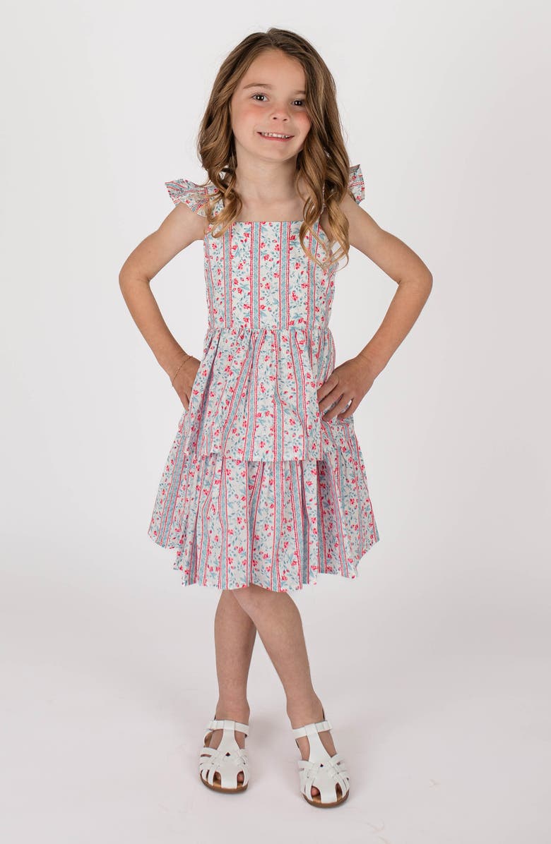 Popatu Kids' Stripe Floral Tiered Cotton Dress, Alternate, color, Red/ Blue