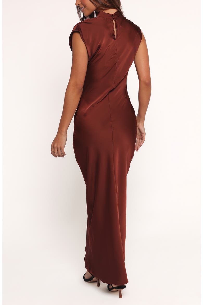Meryn Ruched Satin Maxi Dress, Alternate, color, BROWN