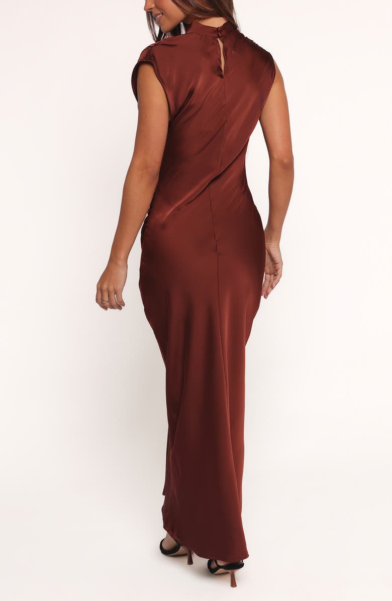 Petal & Pup Meryn Ruched Satin Maxi Dress, Alternate, color, Brown
