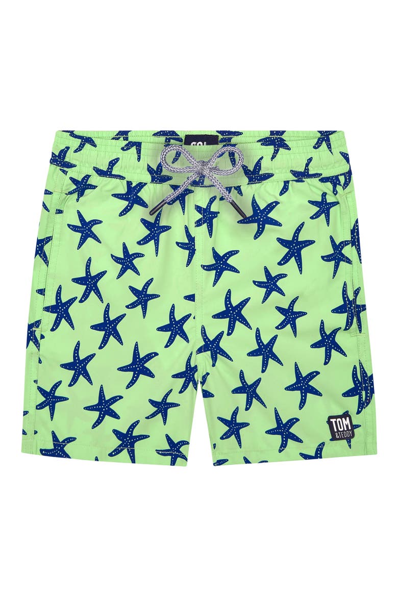 Kids' Starfish Print Swim Trunks, Main, color, PALE GREEN