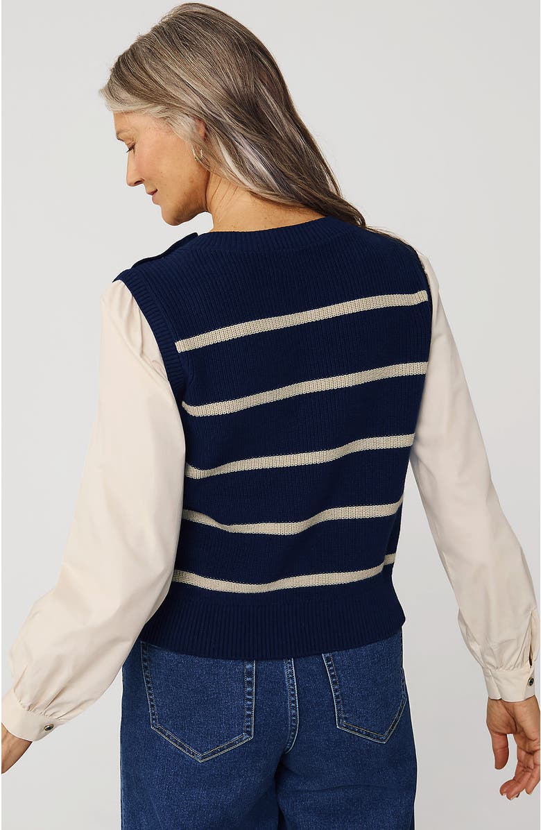 Lands' End Drifter Shaker Button Shoulder Sweater Vest with Poplin Sleeves, Alternate, color, Deep Sea Navy/Champagne Stripe