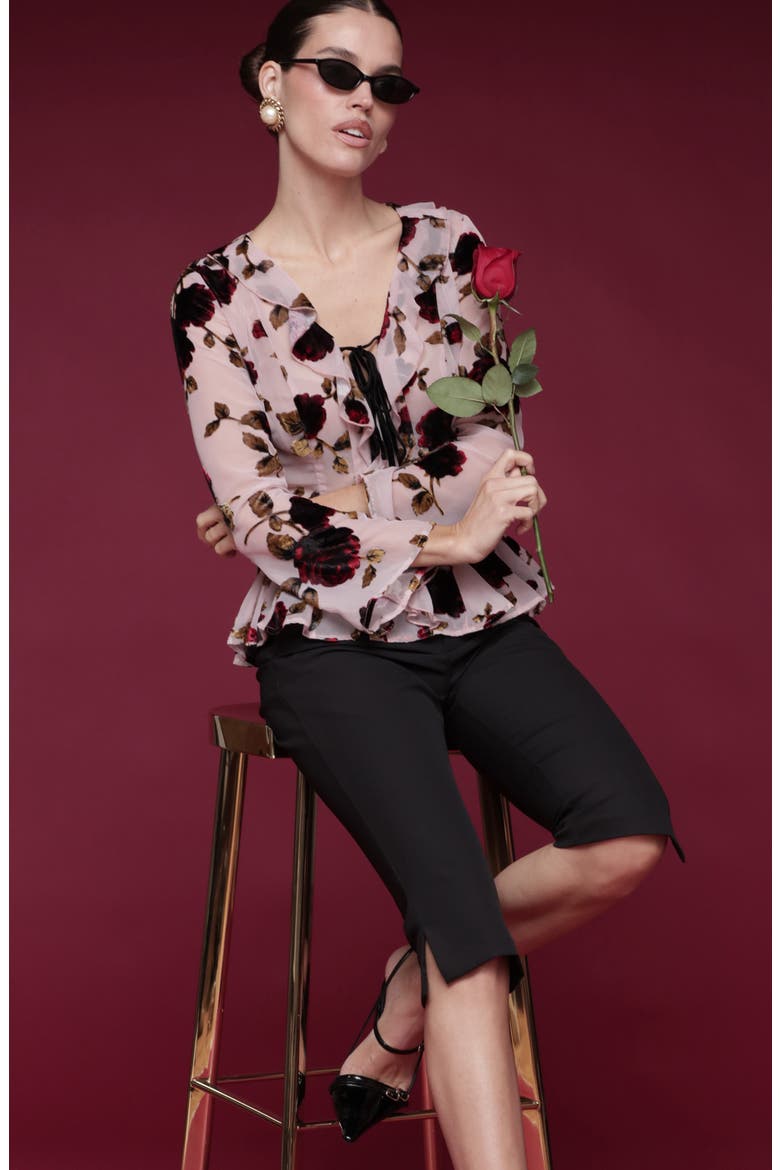Ruffle Trim Floral Print Shirt, Alternate, color, ROSE BURNOUT