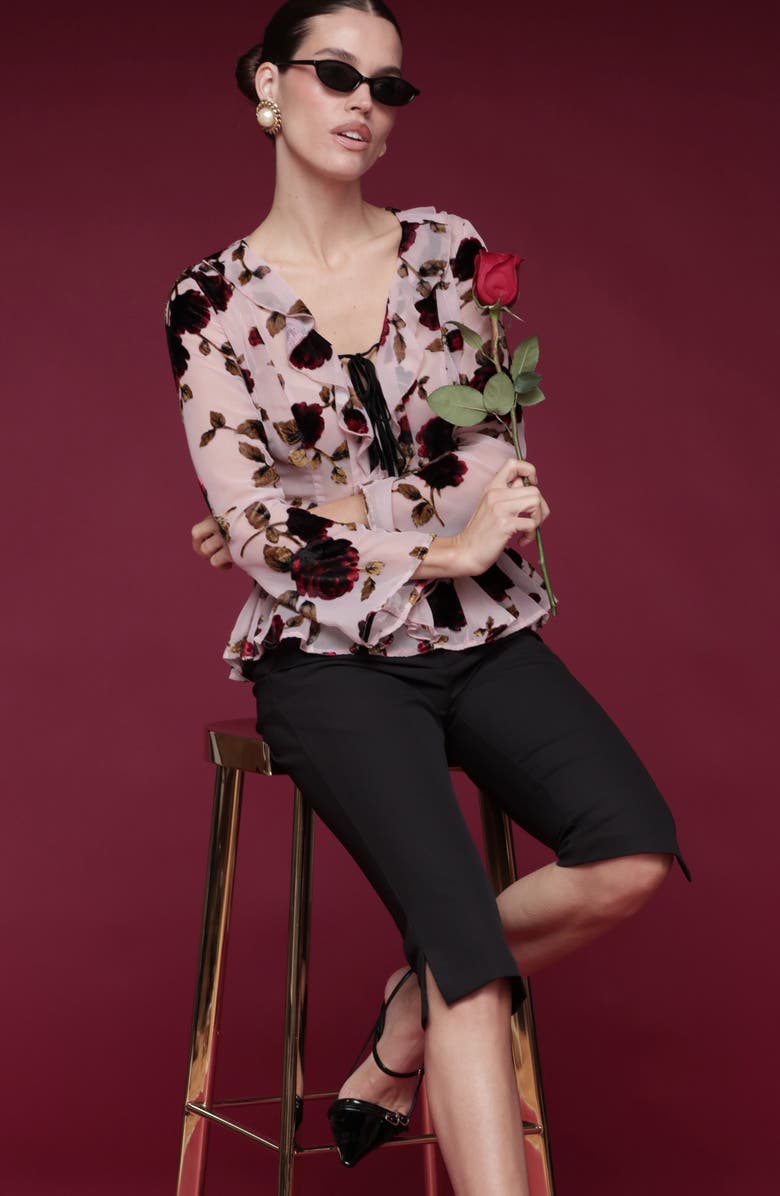 Avec Les Filles Ruffle Trim Floral Print Shirt, Alternate, color, Rose Burnout