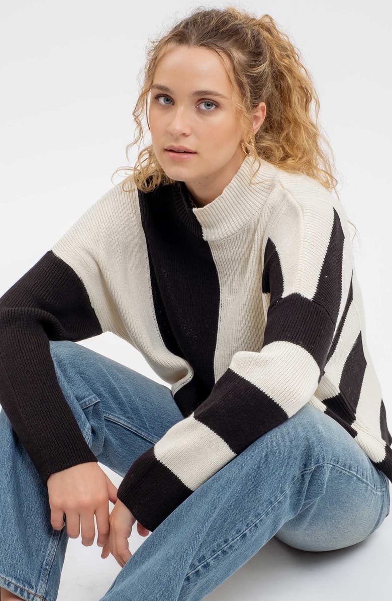 Black & White Stripe Colorblock Pullover Sweater main image 1