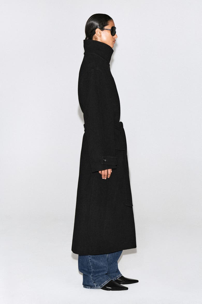 Belted Wool-Blend Mock-Neck Coat, Alternate, color, BLACK