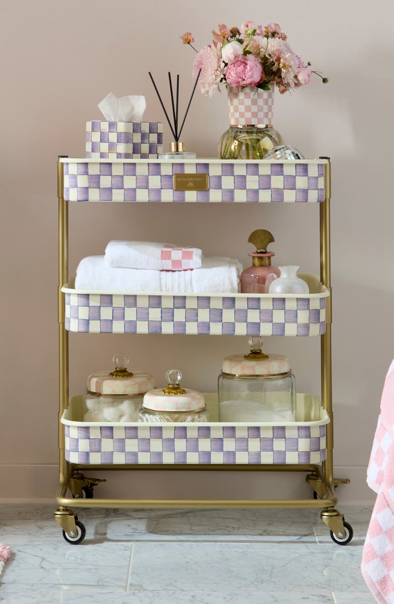 MACKENZIE CHILDS Violet Check Enameled Steel 3-Tier Kitchen Cart, Alternate, color, Violet