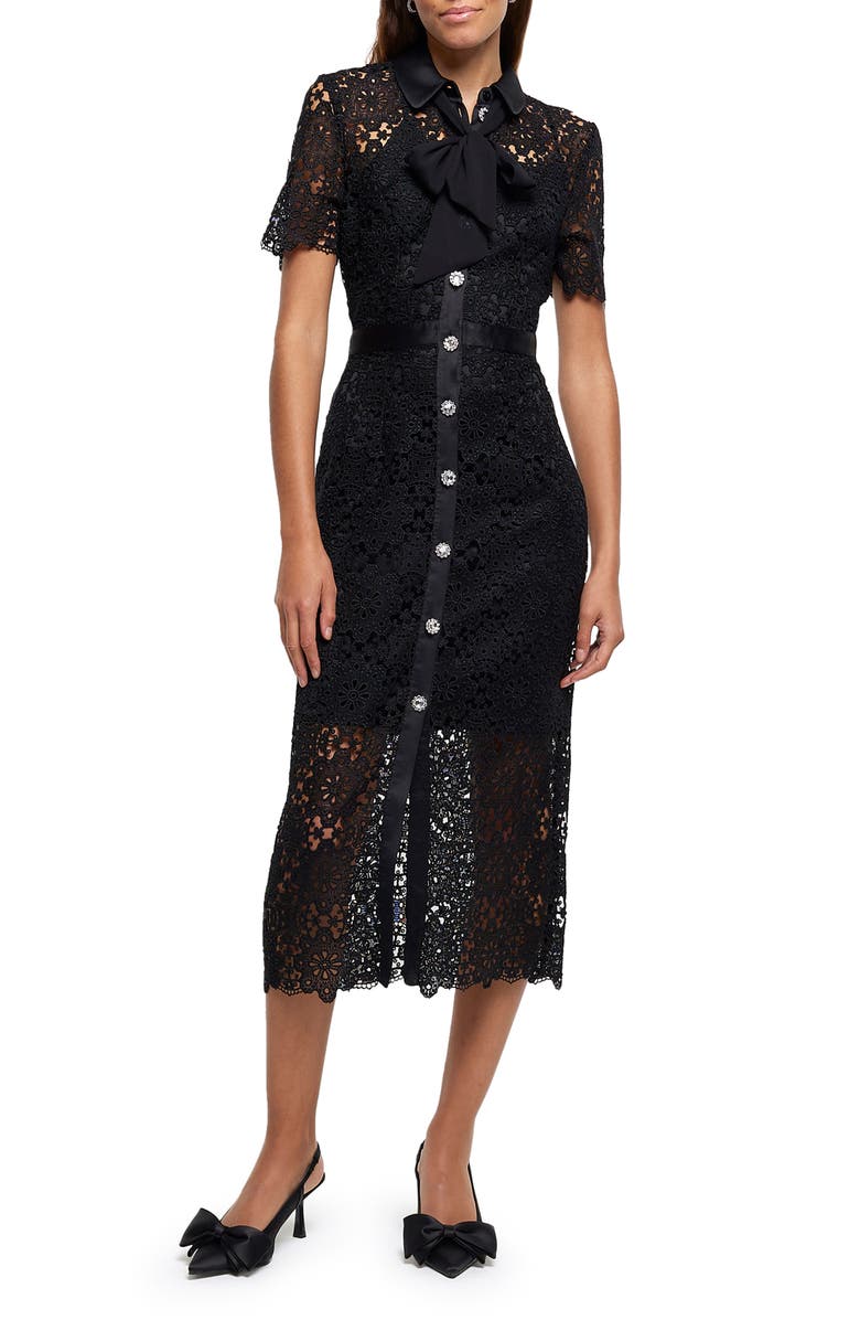River Island Floral Lace Midi Dress, Main, color, Black