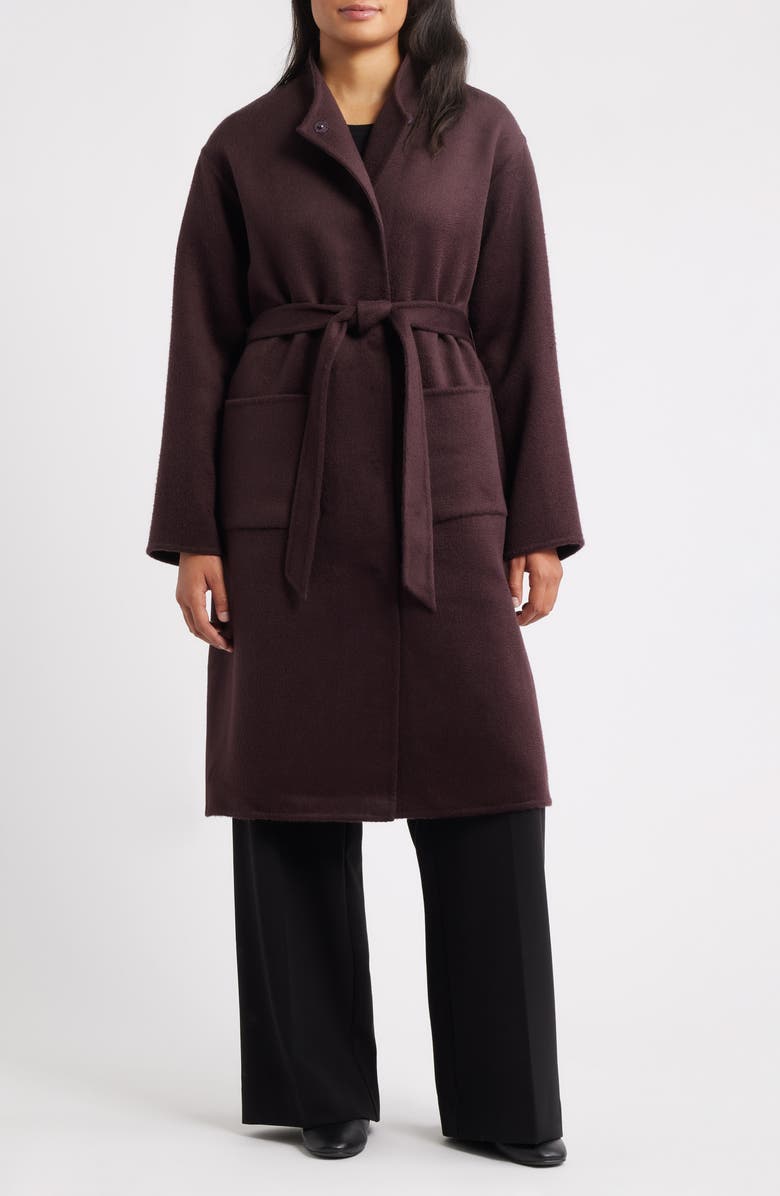 Eileen Fisher Belted Stand Collar Wool Coat, Main, color, Cassis