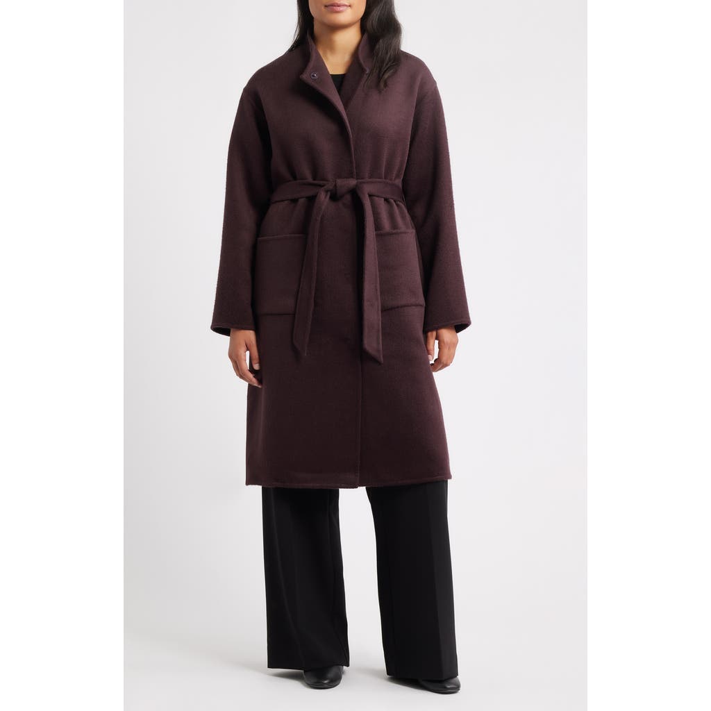 Eileen Fisher Belted Stand Collar Wool Coat In Brown
