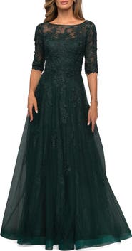 La Femme Lace and Tulle A-line Gown with Three Quarter Sleeves