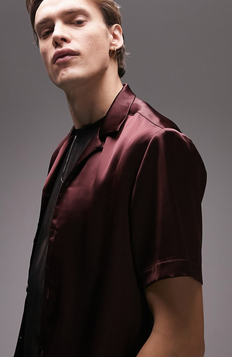 Topman Short Sleeve Satin Button-Up Shirt, Alternate, color, 