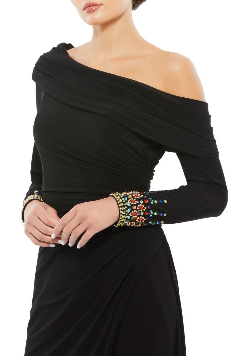 One-Shoulder Long Sleeve Jersey Gown, Alternate, color, BLACK