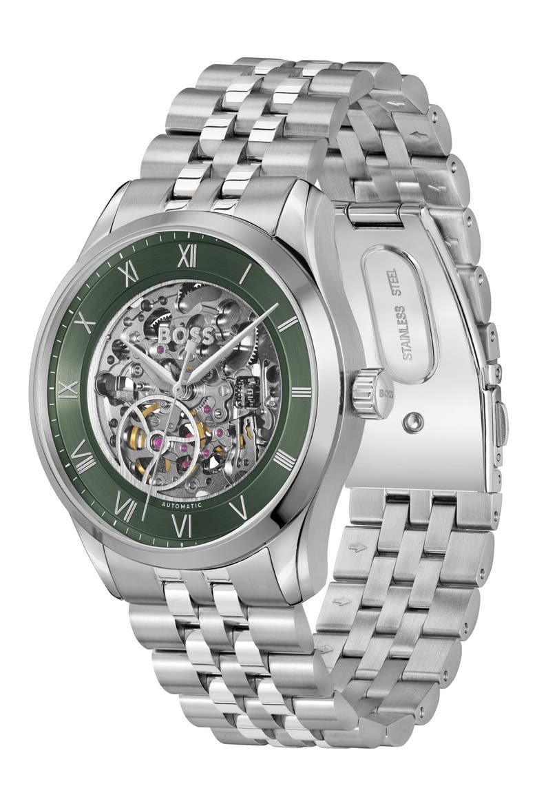 Principle Skeleton Automatic Bracelet Watch, 41mm, Alternate, color, DARK GREEN