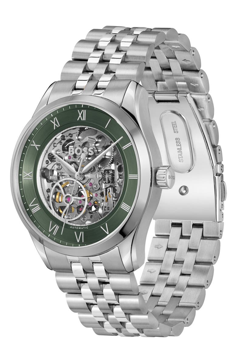 BOSS Principle Skeleton Automatic Bracelet Watch, 41mm, Alternate, color, Dark Green