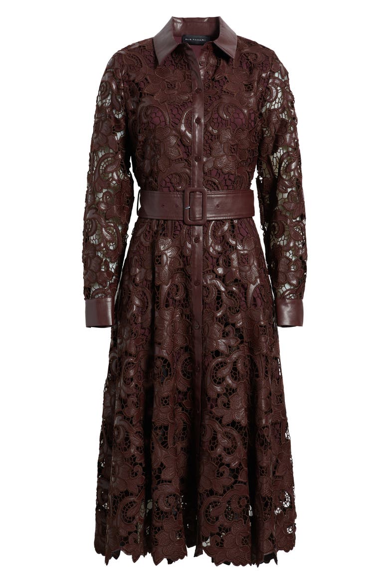 Chayenne Long Sleeve Faux Leather & Lace Shirtdress, Alternate, color, NOIR BERRY RED