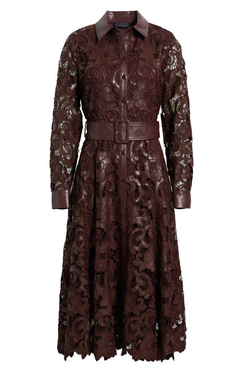 Elie Tahari Chayenne Long Sleeve Faux Leather & Lace Shirtdress, Alternate, color, Noir Berry Red
