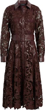 Elie Tahari Chayenne Long Sleeve Faux Leather & Lace Shirtdress