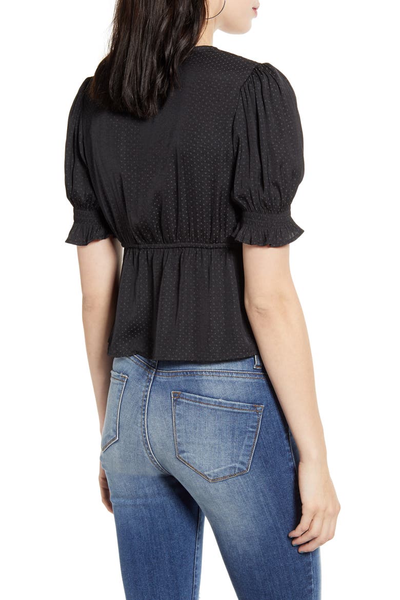 Shirred Sleeve Jacquard Dot Top, Alternate, color, BLACK