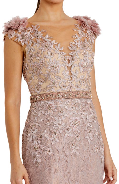 Mac Duggal Embroidered Illusion Appliqued Bodice Trumpet Gown In Mocha