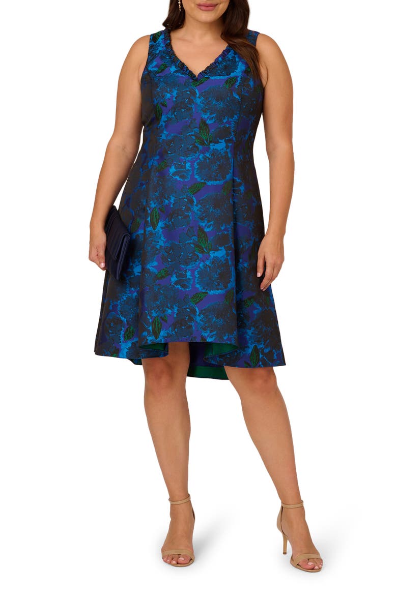Ruffle Sleeveless Jacquard Dress, Main, color, BLUE MULTI
