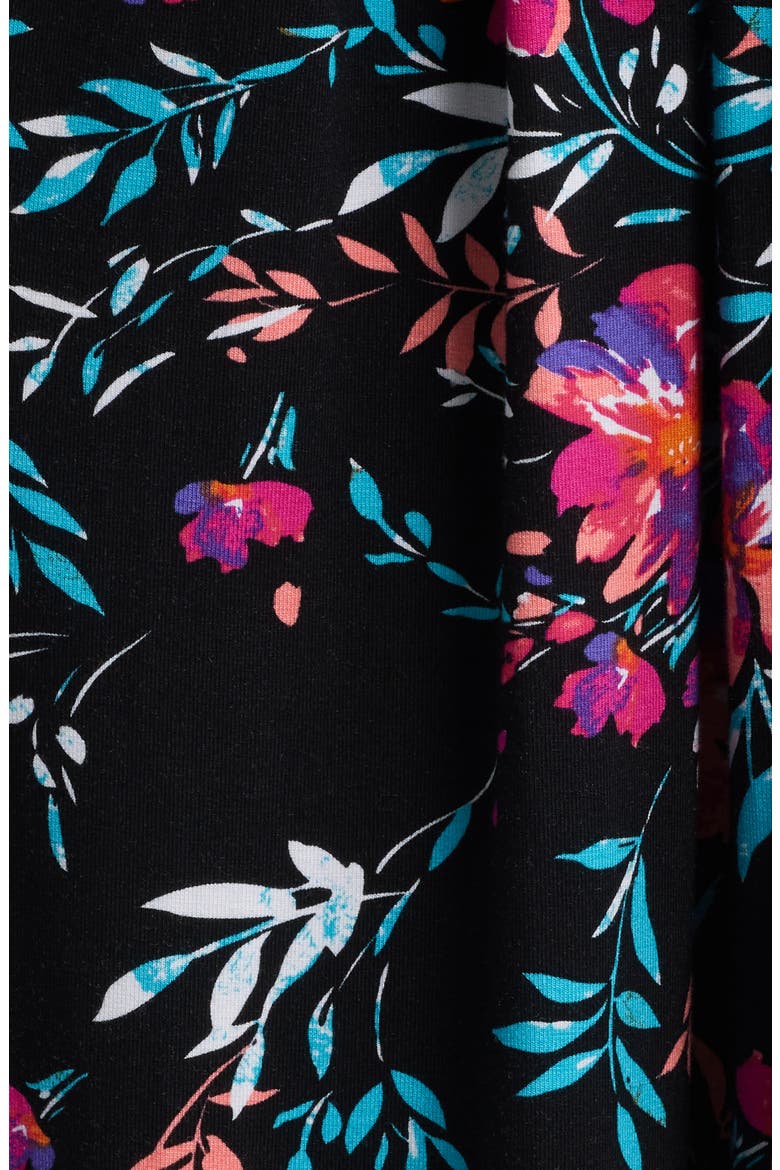 Floral Print Faux Wrap Midi Dress, Alternate, color, BLACK/ FUCHSIA