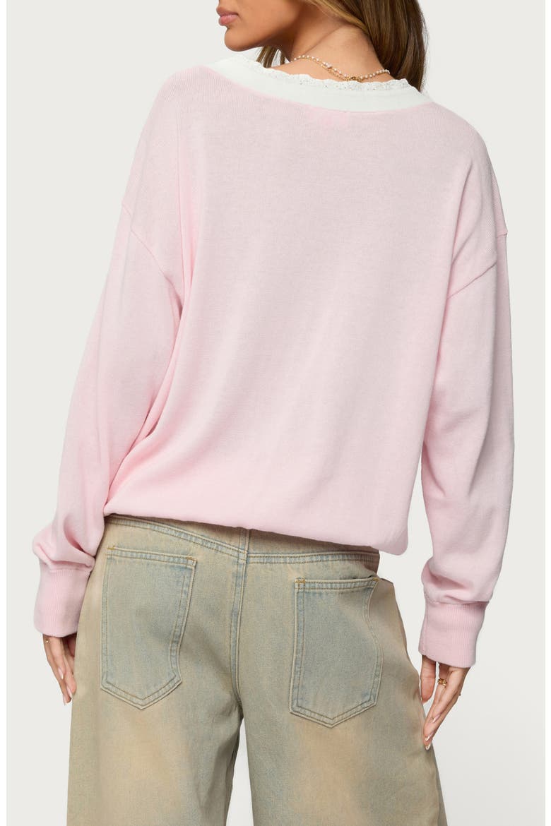 Marie Lace Contrast Cotton V-Neck Sweater, Alternate, color, LIGHT-PINK