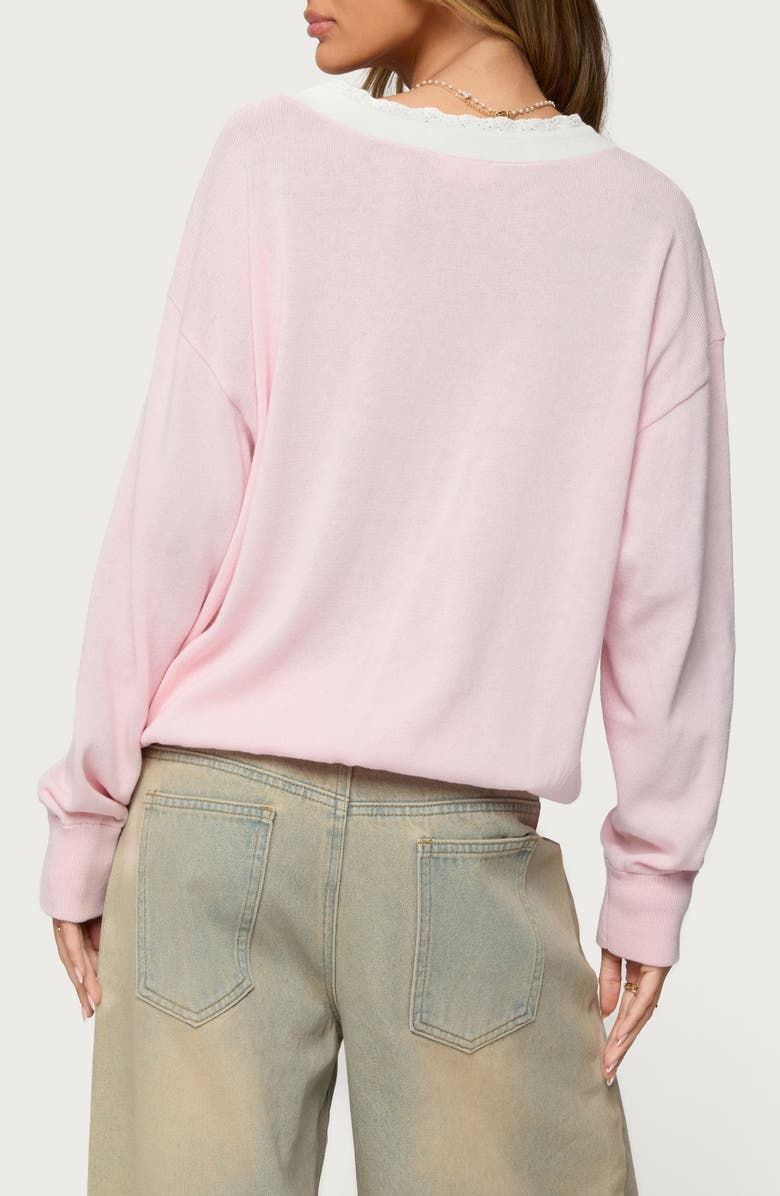 EDIKTED Marie Lace Contrast Cotton V-Neck Sweater, Alternate, color, Light-Pink