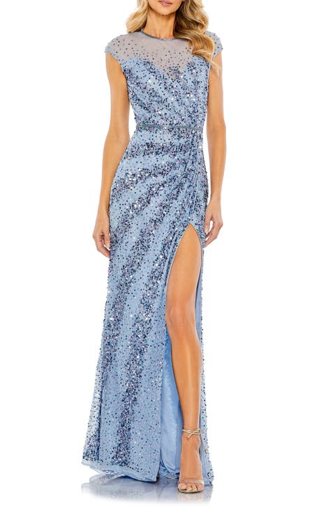 Embellished Illusion High Neck Cap Sleeve Gown