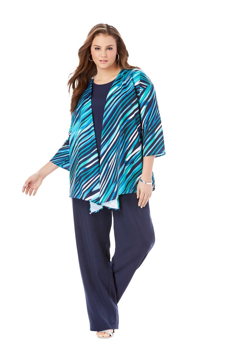 Roaman's Three Piece Pant Suit, Main, color, Cool Abstract Stripe