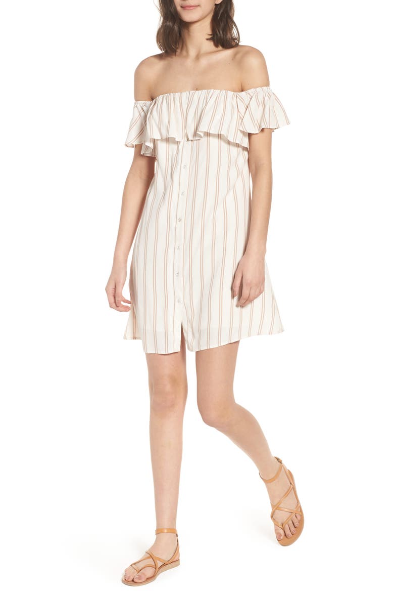 Stripe Off the Shoulder Dress, Main, color, IVORY EGRET EMILY STRIPE