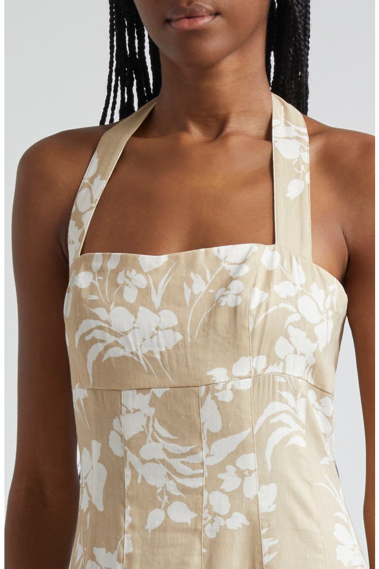 Amalia Floral Cotton Blend Halter Dress, Alternate, color, STONE KHAKI/ OFF WHITE