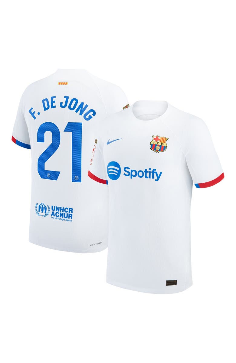 Nike Men's Nike Frenkie de Jong White Barcelona 2023/24 Away Authentic Jersey, Alternate, color, 