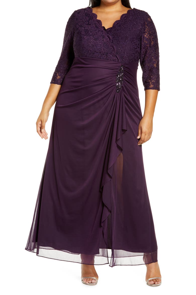 Beaded Lace Bodice Empire Waist Gown, Main, color, EGGPLANT