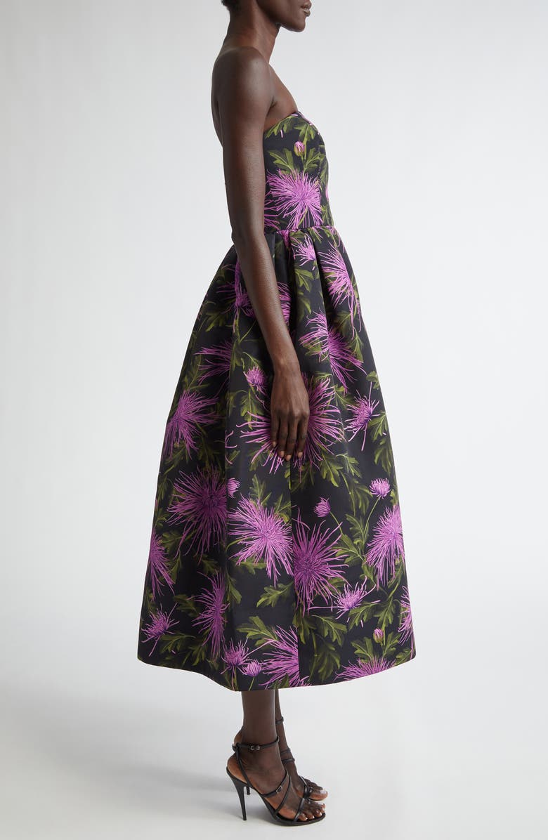 Oscar de la Renta Chrysanthemum Print Strapless Cocktail Dress, Alternate, color, Purple/ Navy