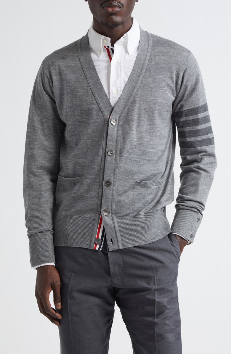 Thom Browne Classic 4-Bar Virgin Wool Cardigan, Main, color, Light Grey
