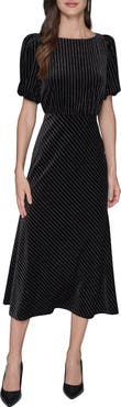 KARL LAGERFELD PARIS Metallic Stripe Velvet Midi Dress