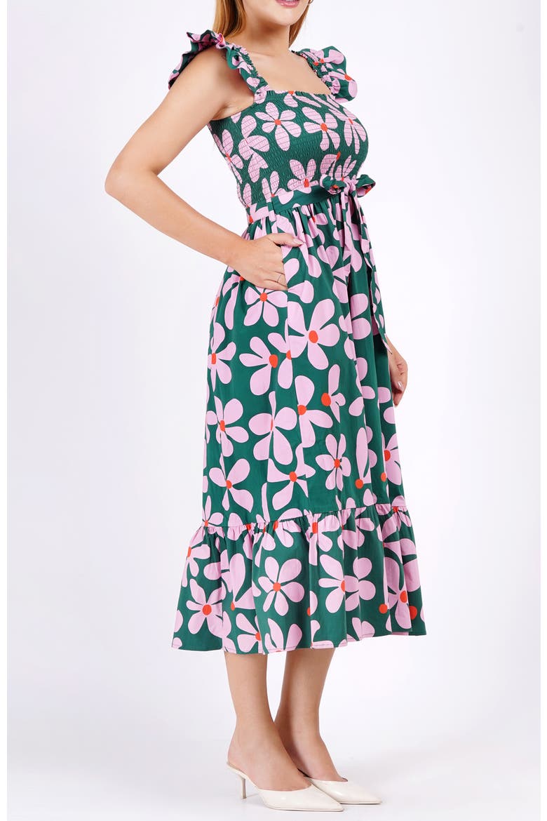 Ivanna A-Line Smocked Midi Dress, Alternate, color, Dancing Daisies Evergreen