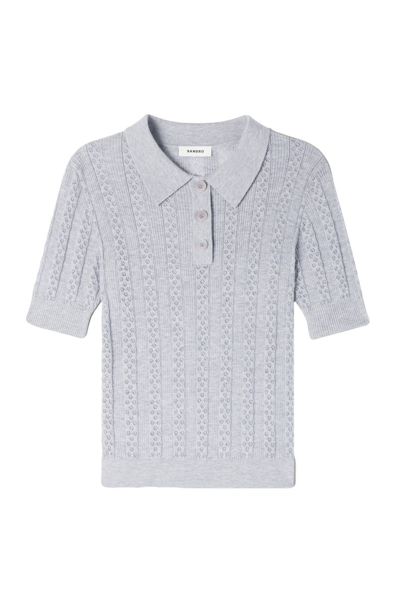 SANDRO Pointelle polo-neck wool sweater, Alternate, color, Grey