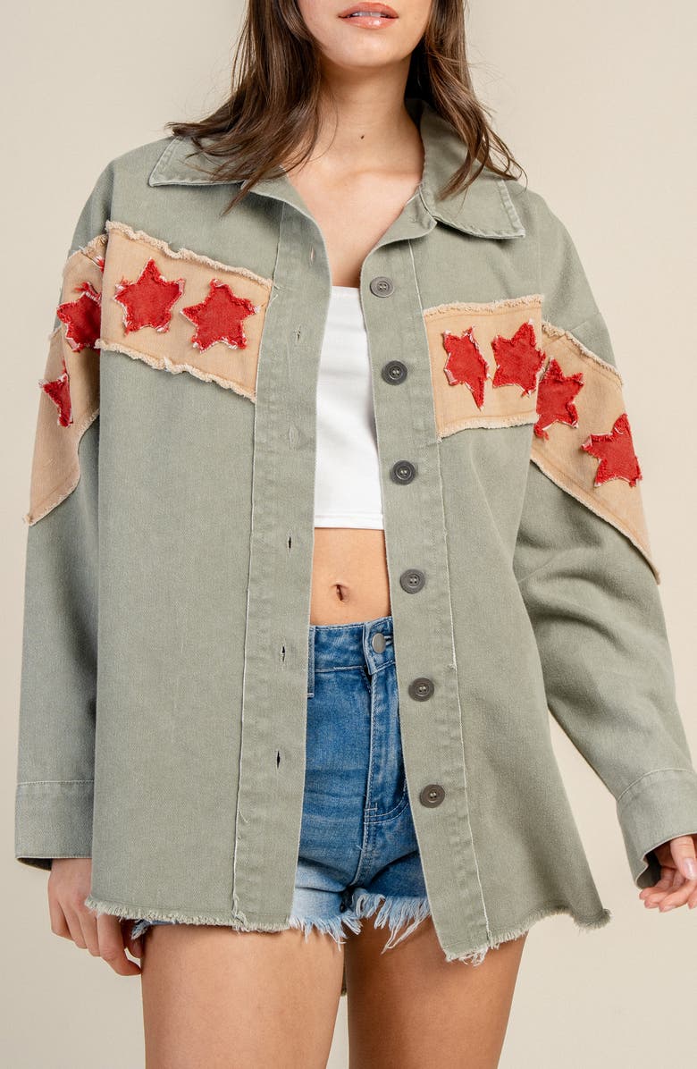 Beivy Denim Star Patch Shirt Jacket, Alternate, color, Green Combo