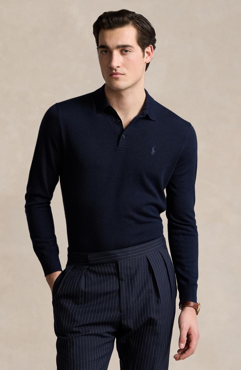 Polo Ralph Lauren Long Sleeve Wool Polo Sweater, Alternate, color, Hunter Navy