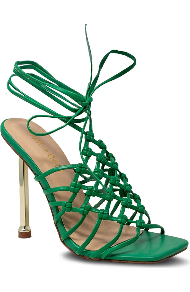 CHASE AND CHLOE Caged Ankle Tie Sandal, Main, color, Green Pu