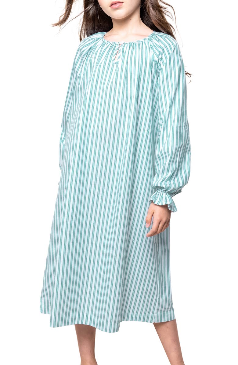 Petite Plume Kids' Delphine Emerald Ticking Stripe Cotton Blend Twill Nightgown, Main, color,