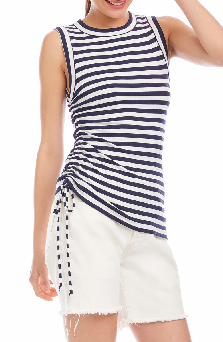 FIFTEEN TWENTY Tia Stripe Ruched Rib Tank, Alternate, color, Navy W/ White