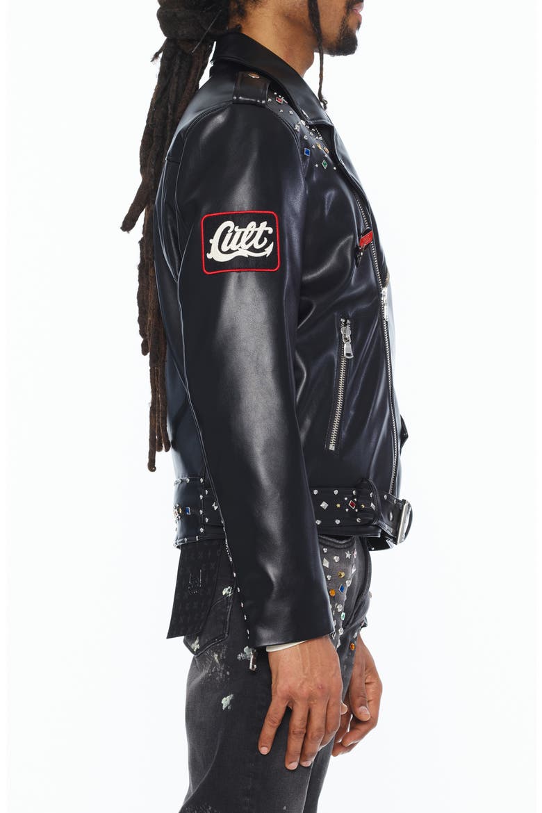 Stars Leather Moto Jacket, Alternate, color, BLACK